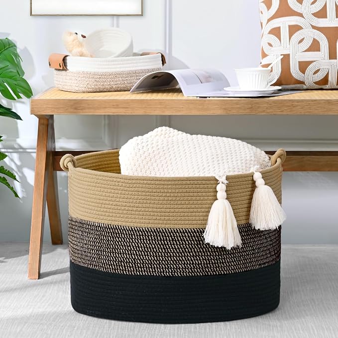 67L Large Blanket Basket, 20"x13" Woven Storage Baskets With Handle, Cotton Rope Blanket Basket Living Room, Baby Laundry hamper for Blanket, Nursery, Toy, Pillow (Brown & Black)