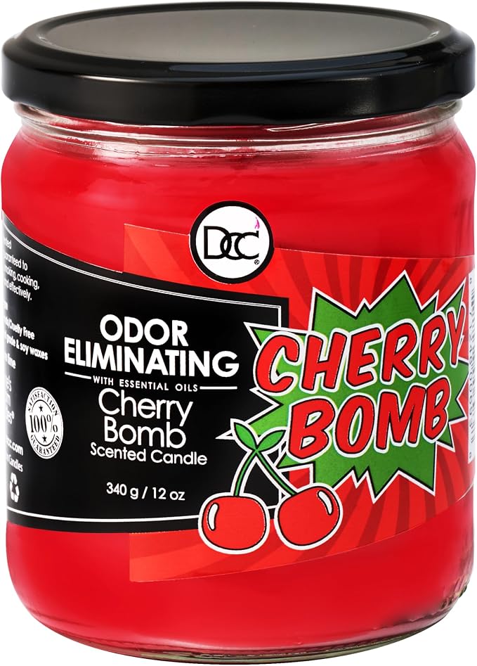 Cherry Bomb Odor Eliminating Highly Fragranced Candle - Eliminates 95% of Pet, Smoke, Food, and Other Smells Quickly - Up to 80 Hour Burn time - 12 Ounce Premium Soy Blend