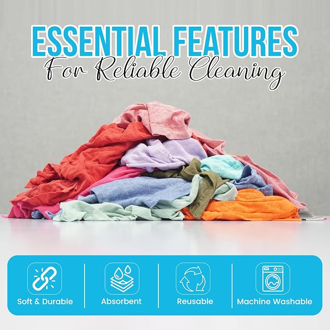 Recycled Multicolored Knit T-Shirt Cleaning Cloths, 2 lb Bag - Pack of 12, Reusable Cotton Rags Bulk for Dusting, Polishing, Staining, Paint Spill Cleanup, Industrial and Commercial Use