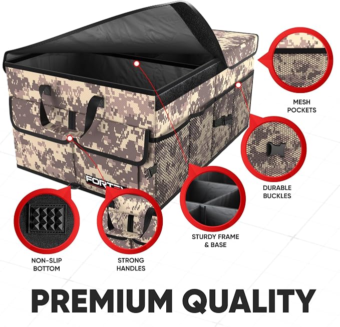 FORTEM Trunk Organizer - Foldable Car Organizer & Storage for SUVs & Trucks | Car Accessories for Men Women, Collapsible Bag, Non Slip Bottom, Straps, Soft Cover, 600D Oxford, 3 Compartments, 50L