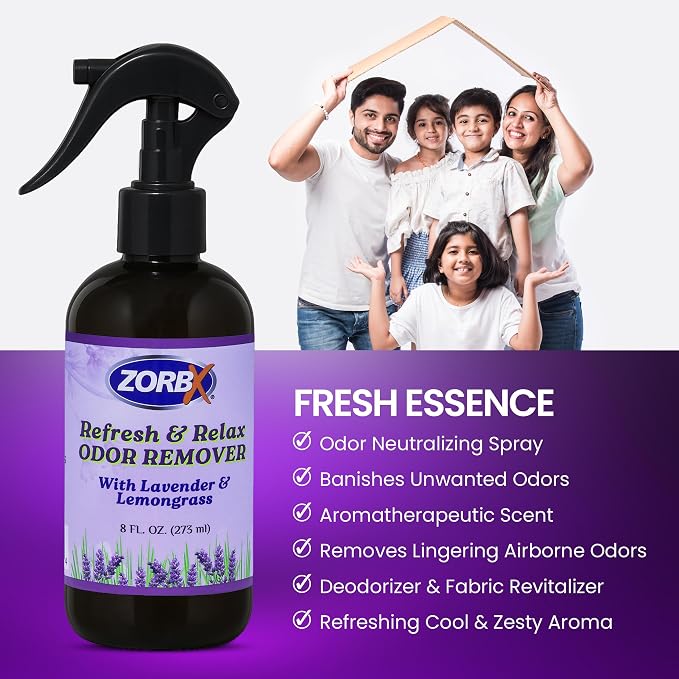 ZORBX Refresh & Relax Lavender Lemongrass Odor Remover Spray 8 Oz, 1-Pack | Natural Room Deodorizer for Medical Rooms, Closet, Home, Bathroom, Furniture, Carpet, Car, Gym & Laundry, Permanent Solution