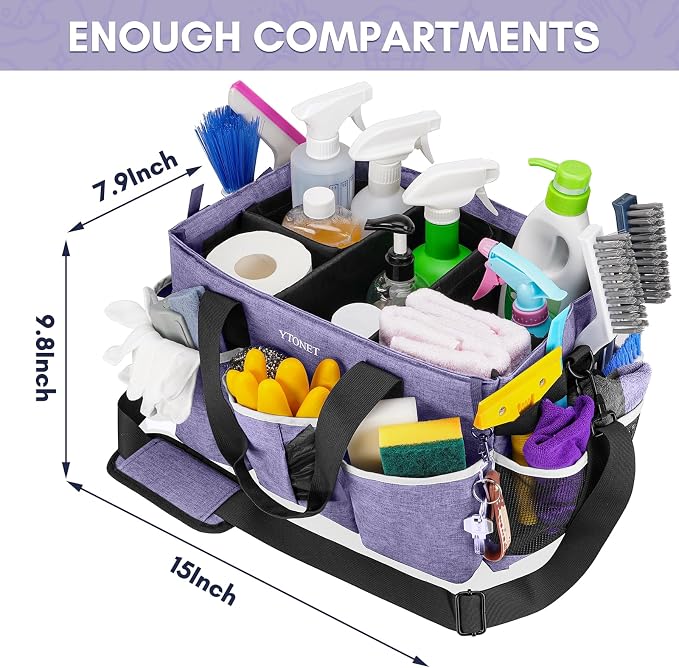 Ytonet Cleaning Caddy, Wearable Cleaning Supplies Organizer with 4 Dividers | Large Cleaning Bag for Cleaning Supplies with Handle and Shoulder Straps, Versatile Cleaning Tote for Housekeepers, Purple