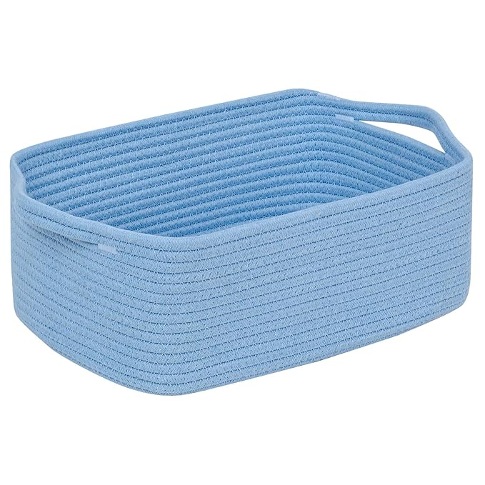 CubesLand Cute and Durable Small Cotton Rope Basket for Organizing | Woven Closet Storage Bin,Shelves Closet Storage Basket, Bathroom Storage Organizer Bin, Nursery Toy Basket Bin, Blue Basket