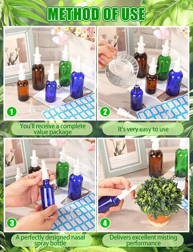 8 Pcs Nasal Spray Bottle, 50ML/1.76OZ 4Pcs Fine Mist Glass Empty Brown Blue Nose Nasal Spray Bottles Refillable with 2 Funnels and 2 Labels