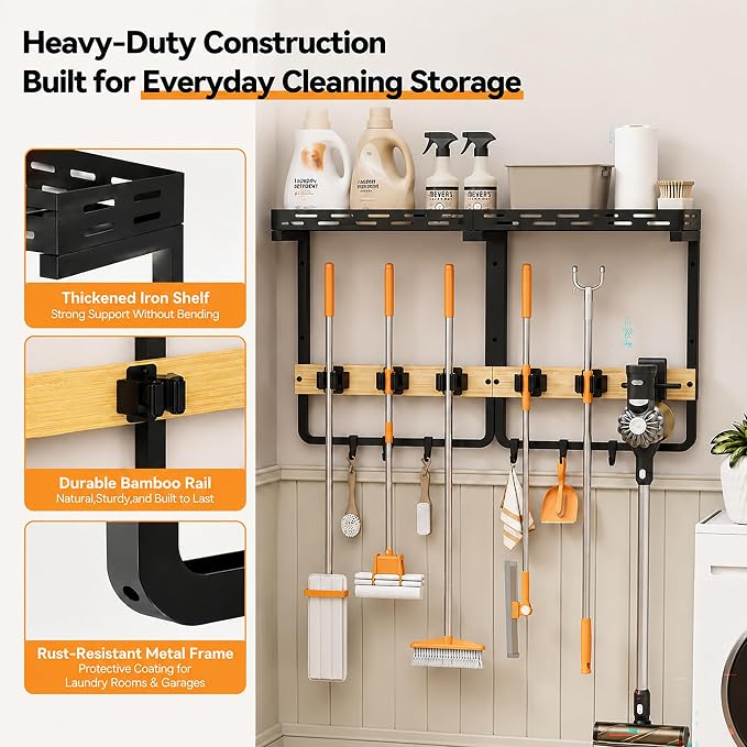 Mop and Broom Holder Wall Mount with Shelf,Vacuum holder,5 Grips,6 Hooks | 3-in-1 Cleaning Supply Wall Organizer,Top Shelf with Railing,Storage Rack for Laundry Utility Garages Kitchens,