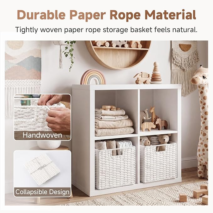 StorageWorks 11 inch Cube Storage Bin, White Storage Cubes, Wicker Baskets | 2-Pack, Handwoven Paper Rope White Wicker Baskets, Wicker Storage Cubes with Handles, Foldable Square Baskets for Organizing