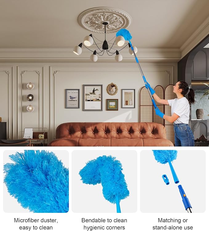 Window Squeegee Cleaner with 4 Stainless Steel Extension Poles,Long Reach to 58inch, Scrubber, Glass Scraper, Bendable Duster, 2 Scrubber Cloth for Window, Car, Professional Cleaning Kit