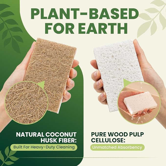 Metflavor Kitchen Sponges, 12 Count, Natural Sponge with Coconut Scrubber | Plant-Based, Non-Toxic, Biodegradable & Compostable, Non-Scratch, All-Purpose Cleaning