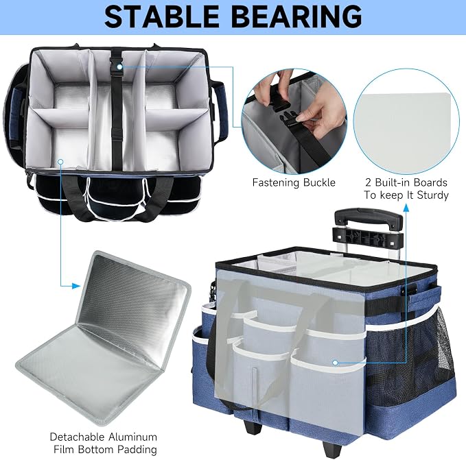 Large Rolling Cleaning Caddy Bag with Detachable Trolley,Cleaning Cart on Wheels with Shoulder Strap,Cleaning Supplies Organizer for Housekeepers,Blue