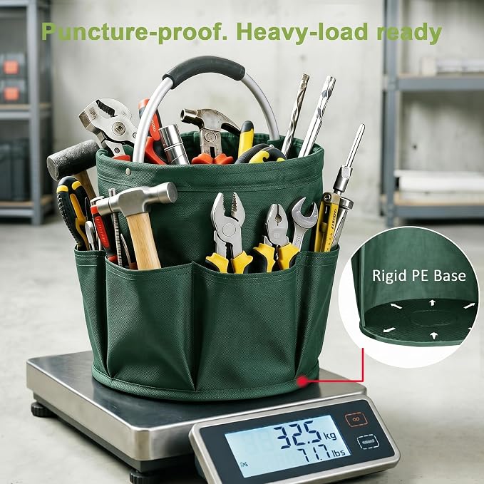Cleaning Caddy with Handle, 17L Cleaning Supplies Organizer in 600D Oxford Fabric, Foldable Storage Basket with 6 Pockets, Portable Cleaning Bucket Bag for Home, Garden, Camping, Green