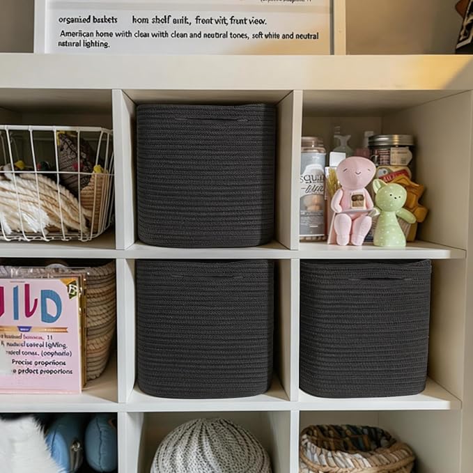 11x11x11 Cube Storage Bin - 3 Pack Woven Storage Cubes Organizer, 11 Inch Black Cotton Rope Baskets for Organizing, Square Baskets for Shelves, Nursery Closet Bins, Cubby Toy Box Organizer