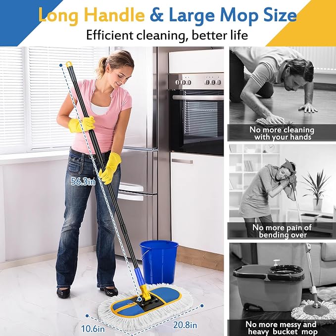 SOBONNE Dust Mop for Hardwood Floors Cleaning,Wet Dry Dust Broom | 56" Iron Long Handle Floor Duster| Washable Cotton Mop Pad for Home, Kitchen,Wood,Tile,Laminate,Vinyl Floors Mopping