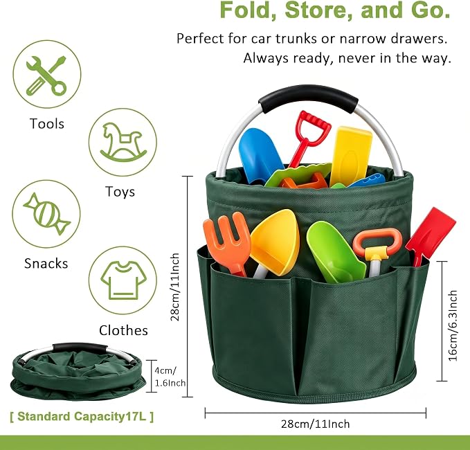 Cleaning Caddy with Handle, 17L Cleaning Supplies Organizer in 600D Oxford Fabric, Foldable Storage Basket with 6 Pockets, Portable Cleaning Bucket Bag for Home, Garden, Camping, Green