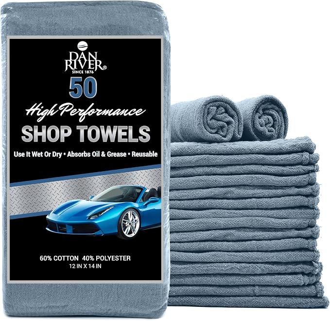DAN RIVER Shop Towels 12x14 inc 50 Pack Medium Blue Terry Cloth Rags | Washcloths for Cleaning Cars & Household Surfaces Well Absorbent, Reusable Cleaning Rags Washable 60% Cotton 40% Polyester