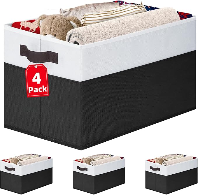 Large Storage Bins for Shelves 4 Pack, Closet Storage Baskets for Clothes Blanket Beddings Towels, Collapsible Fabric Closet Organizer Bins with Handles/ Laundry Room Organization