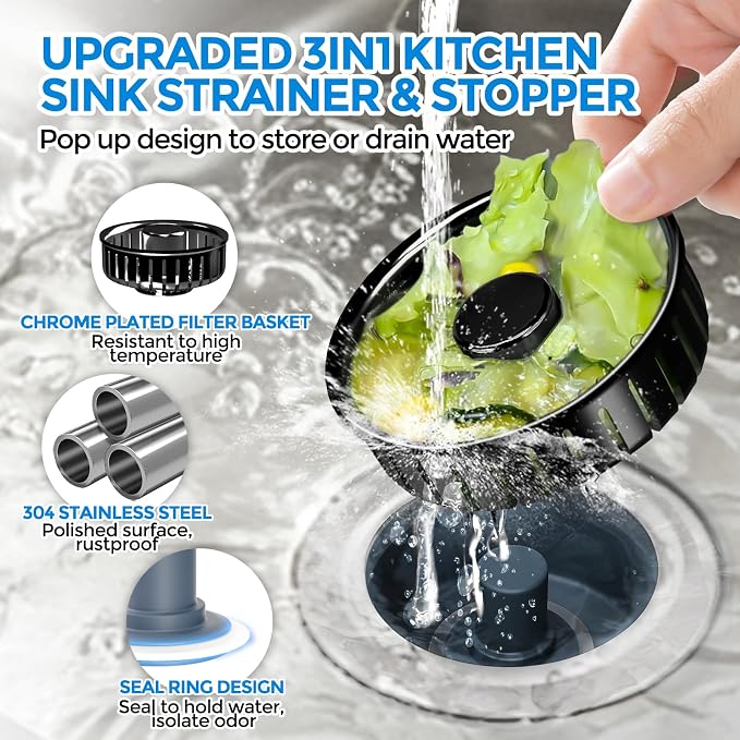 zaa 3 in 1 Kitchen Sink Drain Strainer Stopper Removable Basket Pop-Up | Kitchen Sink Accessories 1 Pack Brushed Black Stainless - Food Catcher, Odor-Blocking Seal, Fits 3.5" Drain