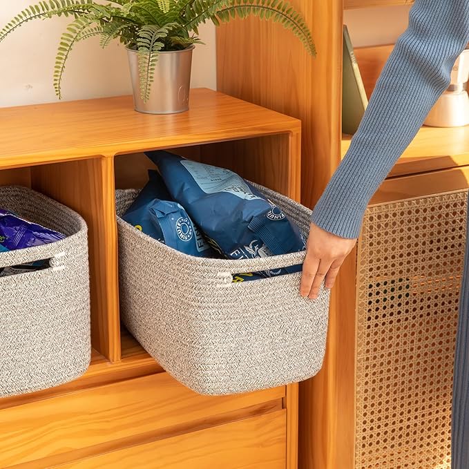 OIAHOMY 4 Pack Storage Baskets for Organizing 24L Cube Storage Bins Grey | Woven Baskets for Storage Rectangle Small Baskets With Handles Baskets for Shelves Wicker Baskets for Shelves 16x12x8inch