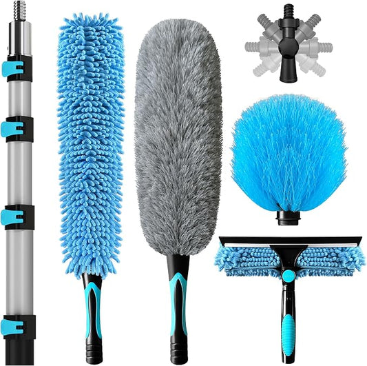 COVERONICS 23FT High Duster Cleaning Tools with 4-16FT Extension Poles | Reusable Fan Duster Cleaning Kits with Ceiling Fan Cleaner Duster, Window Squeegee, Microfiber Feather Duster & Cobweb Duster