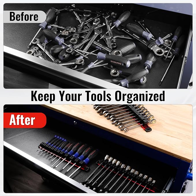 WORKPRO Magnetic Screwdriver and Wrench Organizer Set, 24-Slot Tool Holders | 2-Pack Aluminum Rails, Magnetic Force, Flexible High-Tension Tool Clips, For Tool Box Drawer & Wall-Mount Storage