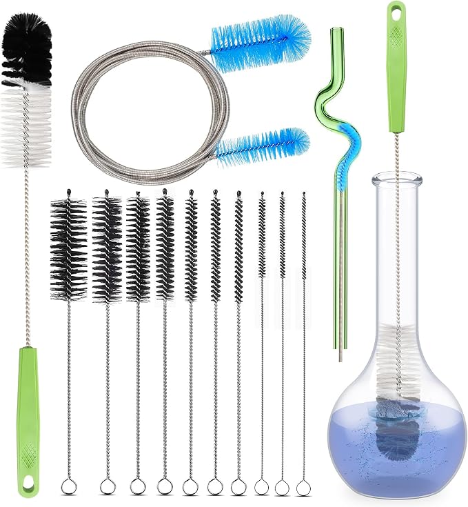 Set of 12 Tube Pipe Cleaners Brush Kit - Bottle & Long Straw Cleaning Tools | for Narrow Neck Bottle, Curved Glass Tube | 17" Long Handle, 8.2" Assorted Thickness Brushes, 35" Flexible Dual-Head Cleaner