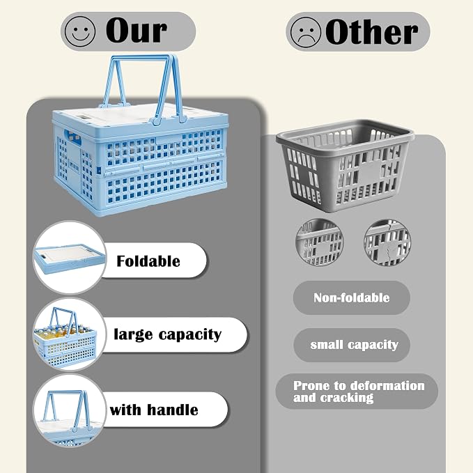 Foldable Small Plastic Baskets with Lids and Handles for Organizing,Collapsible Storage Crates, Stackable Bins for Home Kitchen Bedroom Bathroom Office (Blue, 14 * 10 * 7)