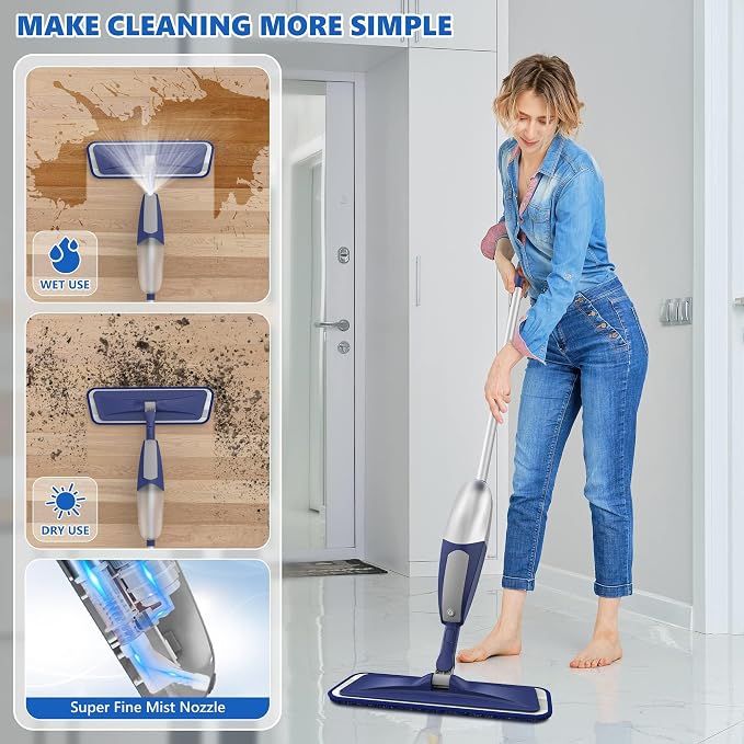 BPAWA Spray Mops for Floor Cleaning: Wet Microfiber Mop for Hardwood Tile | 4 Washable Pads fit for Swiffer PowerMop, 1 Refillable Bottle, Wet Dry Use for Home Kitchen Wood Laminate Vinyl Marble Floors