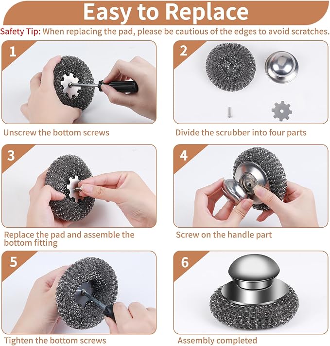 15pcs Steel Wool Scrubber with Replacement Wire Sponge Pads, Steel Scrubber | Stainless Steel Scrubber with Handle for Scouring Stubborn Messes from Cast Iron, Pots, Grill, Stoves, (3 Scrub+12 Pads)