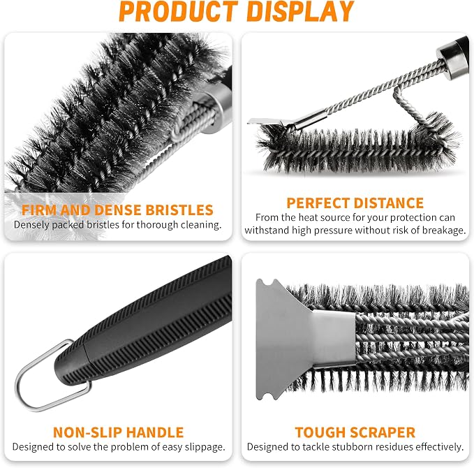 BBQ Grill Cleaning Brush Scraper,3 in 1 Barbecue Woven Wire Brush for Grill | 18" Stainless Grill Grate Cleaner, for Weber Gas, Charcoal, Electrical, Infrared