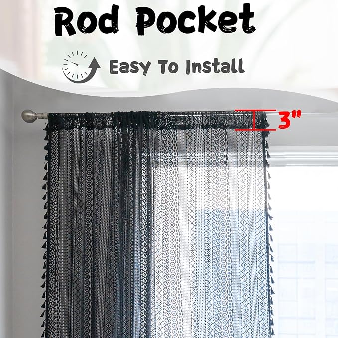 Sutuo Home Black Boho Curtain for Halloween Decor, Sheer Crochet Lace Handmade Tassels Knitted Window Treatment Vintage Rustic Bohemian Farmhouse Drape for Bedroom Rod Pocket 1 Panel 59" W x 96" L