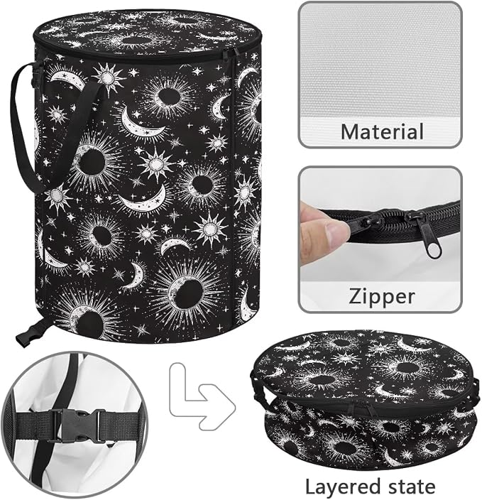 Gothic Sun Moon Pop up Outdoor Garbage Can 24 Gallon Collapsible Camping Trash Can with Zipper Lid Reusable Heavy-Duty Polyester Trash Bin for Campsites Boat Backyard Parties