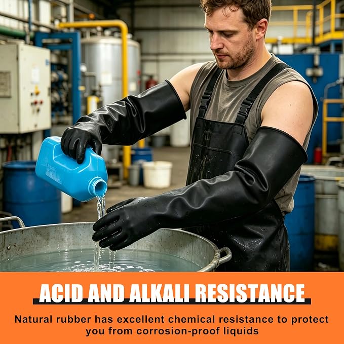 24" Chemical Resistant Glove, Reusable Heavy Duty Long Rubber Gloves | Long Waterproof Dishwashing Gloves, Industrial Safety Gloves for Men
