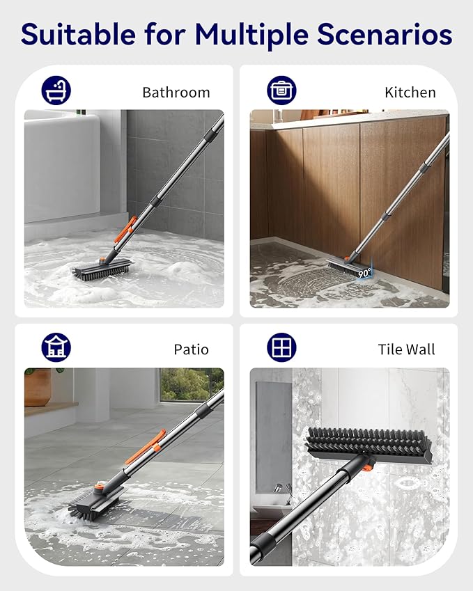 3 in 1 Adjustable Small Floor Scrub Brush with Long Handle | 360 rotating head Right-angle Heavy-Duty Stiff Bristle with Squeegee and Tweezer for Cleaning Bathroom Tile Patio and Kitchen