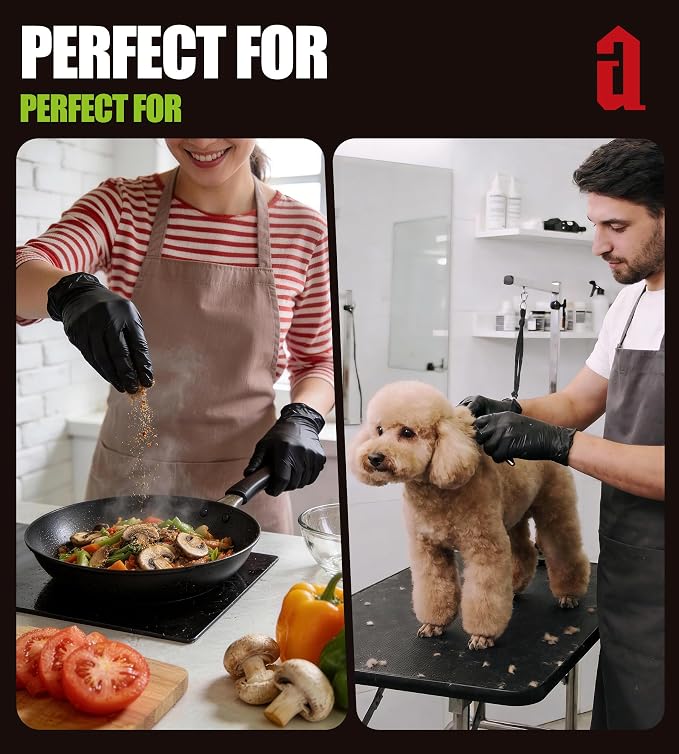 antools Food Safe Disposable Nitrile Gloves, Powder-Free, Textured Fingertips, Latex-Free, for Cooking, Food Prep, Cleaning, Pet Care, DIY, Black, X-Large