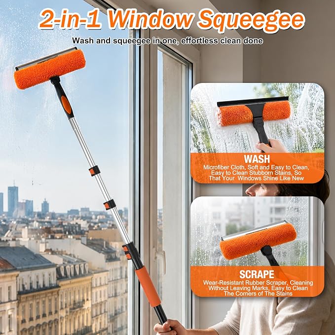SISUPASSIE 20FT Reach High Ceiling Duster Kit, Window Cleaning kit with 3-12FT Extension Pole, Fan Duster for Ceiling Fan Blades, Microfiber Feather Duster, Rotatable Window Squeegee and Cobweb Duster