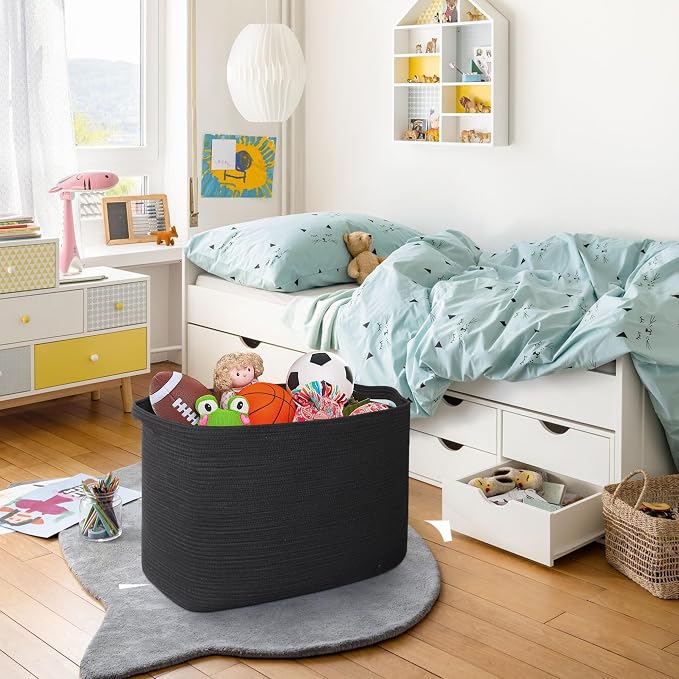MEGASKET 108L Extra Large Storage Basket, 25" x 16" x 16" Black Blanket Basket Living Room, Oversized Cotton Rope Blanket Storage, Woven Kids Dog Toy Bin Box Organizer, Laundry Shoes Towel Bin, Black