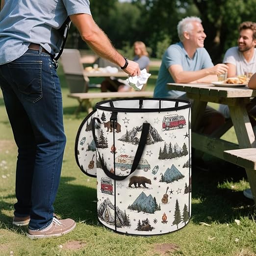 Mountain and Bus Print Camping Trash Can Collapsable 20 Gallon Large Outdoor Trash Can with Lid Waterproof Design Garbage Cans for Car Easy to Use and Clean