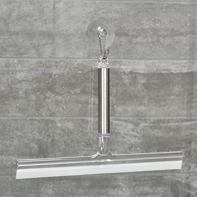 iDesign Forma Brushed Stainless Steel Squeegee, 12" x 8" | Suction Storage Hook