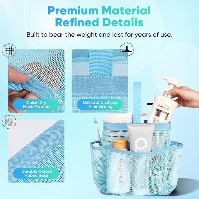 EUDELE 2 Pack Mesh Shower Caddy Portable for College Dorm Room Essentials, Shower Caddy Dorm with 9-Pocket Large Capacity,Shower Bag for Beach,Swimming,Gym All Black+All Ice Blue