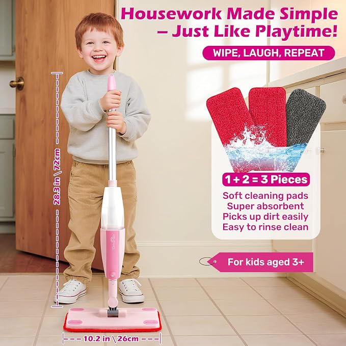 Dreamon Kids Spray Mop - Real Working Toddler Cleaning Set for for Ages 3-7 | Pink Fun & Functional Kids Mop Cleaning Set, Real Working Mini Mop with Spray Bottle, Cleaning Toys Gifts for Kids Girls Boys