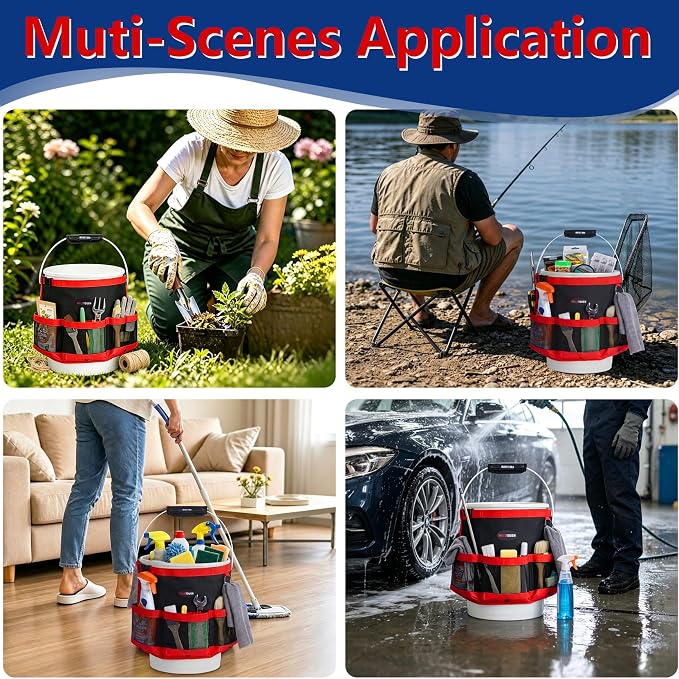 MELOTOUGH Bucket Car Wash Tool Organizer for Garden | Multiple Compartments, Fit 3.5-5 Gal Buckets, Classic Red, Durable Mesh Pockets, Water-Resistant, Easy To Carry