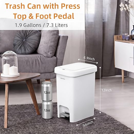 MOPALL 1.9 Gallon Small Bathroom Trash Can with Lid | Dual Opening Lid with Push Top & Foot Pedal, Hidden Inner Storage, Soft Close Design, Space-Saving for Bathroom & Under Sink