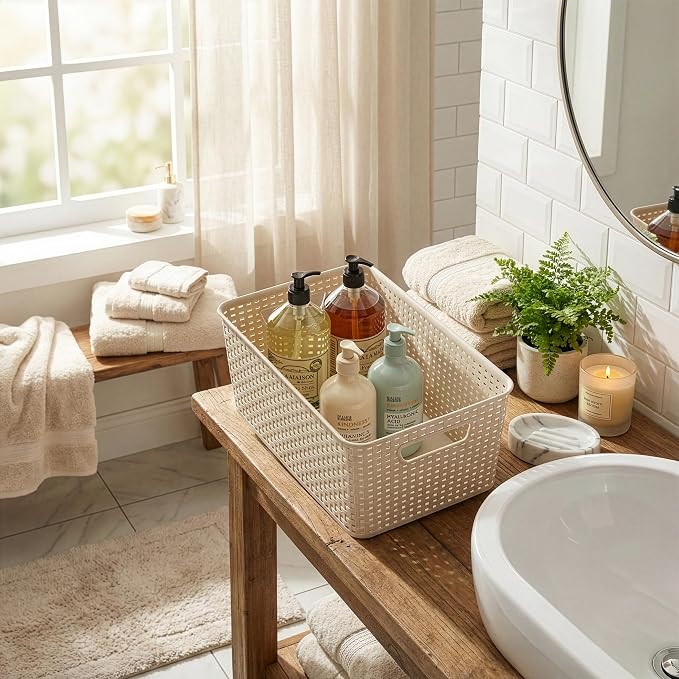 BINO | Plastic Storage Baskets, 13.5 Liter - 3 Pack, Natural | THE WOVEN COLLECTION | Storage Basket for Shelves | Woven Storage Baskets for Organizing Bins | Pantry Shelf Organizer | Container Bin