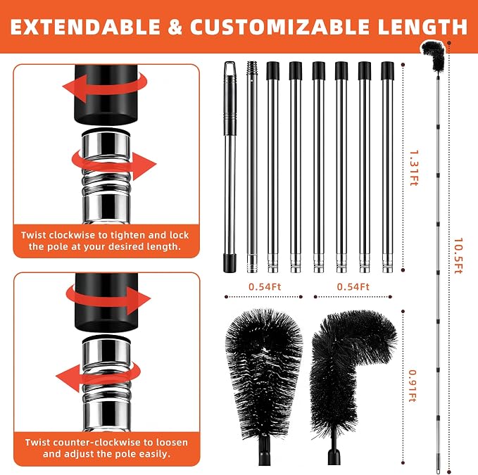 10.5 FT Gutter Cleaning Tools from The Ground with 2Pcs Nylon Brush Stainless Steel Telescopic Pole Adjustable Gutter Cleaner Tools No Ladder Needed for Easy Remove Branches Leaves