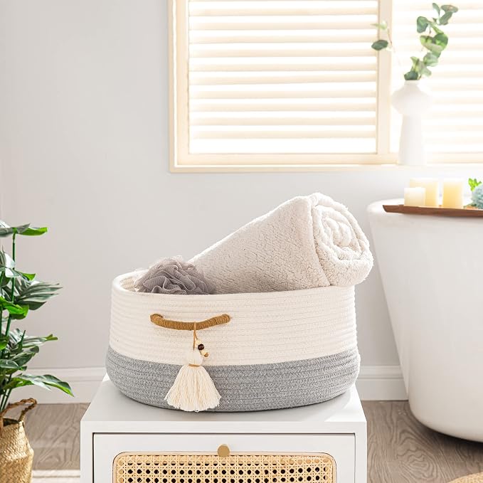 KAKAMAY Woven Baskets for Storage(16"x8"),Blanket Basket for Organizing Living Room,Cotton Rope Basket Woven Baby Laundry Hamper,Collapsible Laundry Room Organization,Clothes,Toy Chest(Grey)