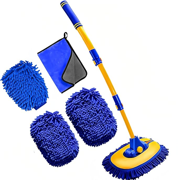 MVEQRRN 15°Curved Chenille Car Wash Brush Mop with Long Handle(Blue) | Chenille car wash mop accessories, cleaning brush supplies, microfiber replacement head, for cars trucks RV