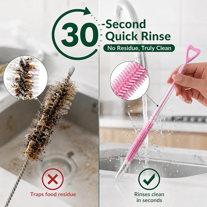 FreshNGo 4-Pack Silicone Straw Cleaner Brush for Tumbler, Pink | Reusable extra-long brushes (6mm/9mm) perfect for cleaning milkshake, metal, and glass straws
