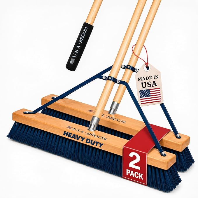 2-Pack - 24" Heavy Duty Outdoor Push Broom with 60" Handle. Ideal for Asphalt, Concrete & Heavy Debris. Durable American Made Steel Brackets-Stainless Steel Hardware. No Plastic. 100% USA Made