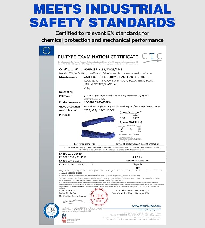 AnTools 25" Heavy-Duty PVC Chemical Gloves, Waterproof Long-Sleeve Work Gloves with Cotton Liner and Non-Slip Grip, for Lab, Pool Cleaning, Oil, and Industrial Work, Blue, Medium