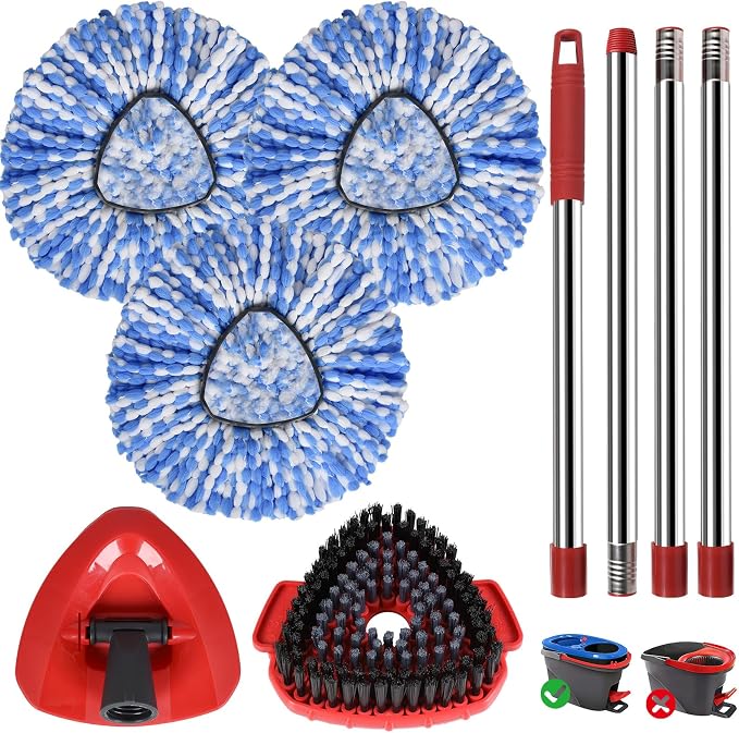 Spin Mop Replacement Head Set for O Ceda Mop RinseClean 2-Tank System | Include 3 Pack Mops Heads Replacements + Scrub Brush + 30-58" Handle & Base, Microfiber Mops Head Floor Mop Refill Kit