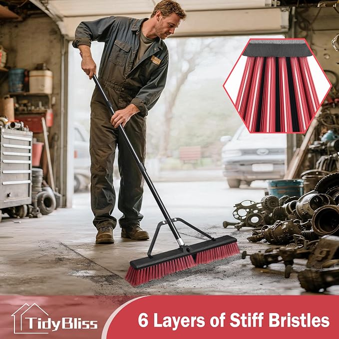 TidyBliss 24” Push Broom Outdoor Heavy Duty, Large Commercial Stiff Bristle Brush with 63 inches Long Handle for Garage Shop Garden Yard Patio Deck Street Warehouse Lawn Driveway (Red)